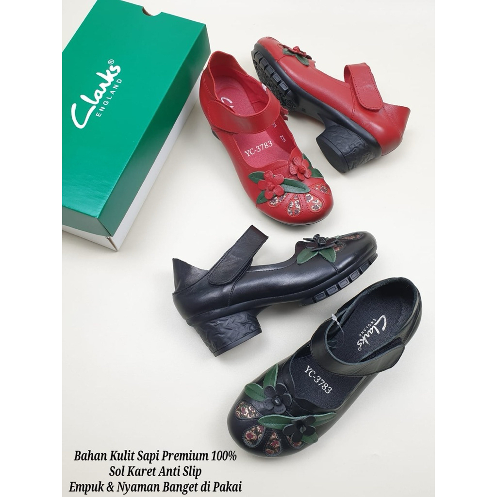 Sepatu Clarks YC-3783 Strap Flower Block Heels 5cm Wanita Cewek Perempuan