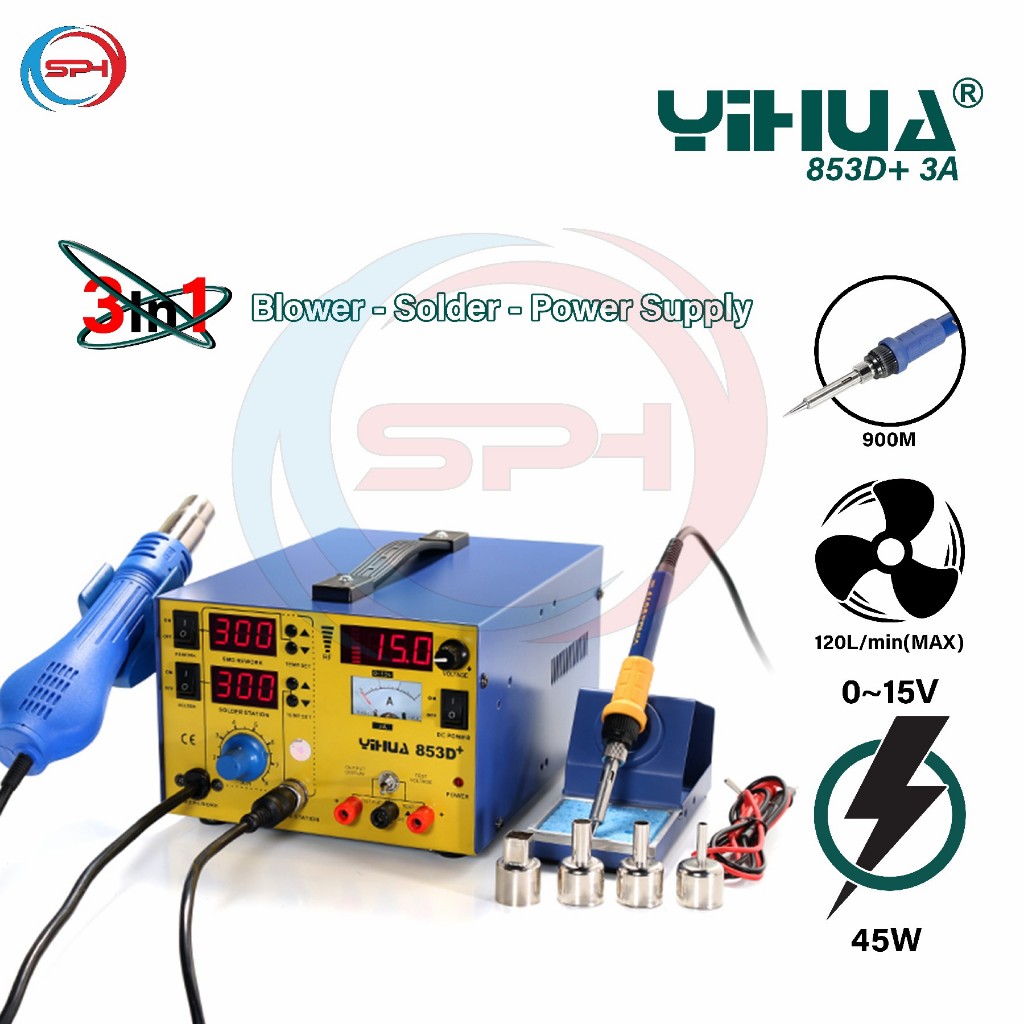 Yihua 853D+ Blower Solder Uap 3 IN 1 Soldering Station Power Supply 5A