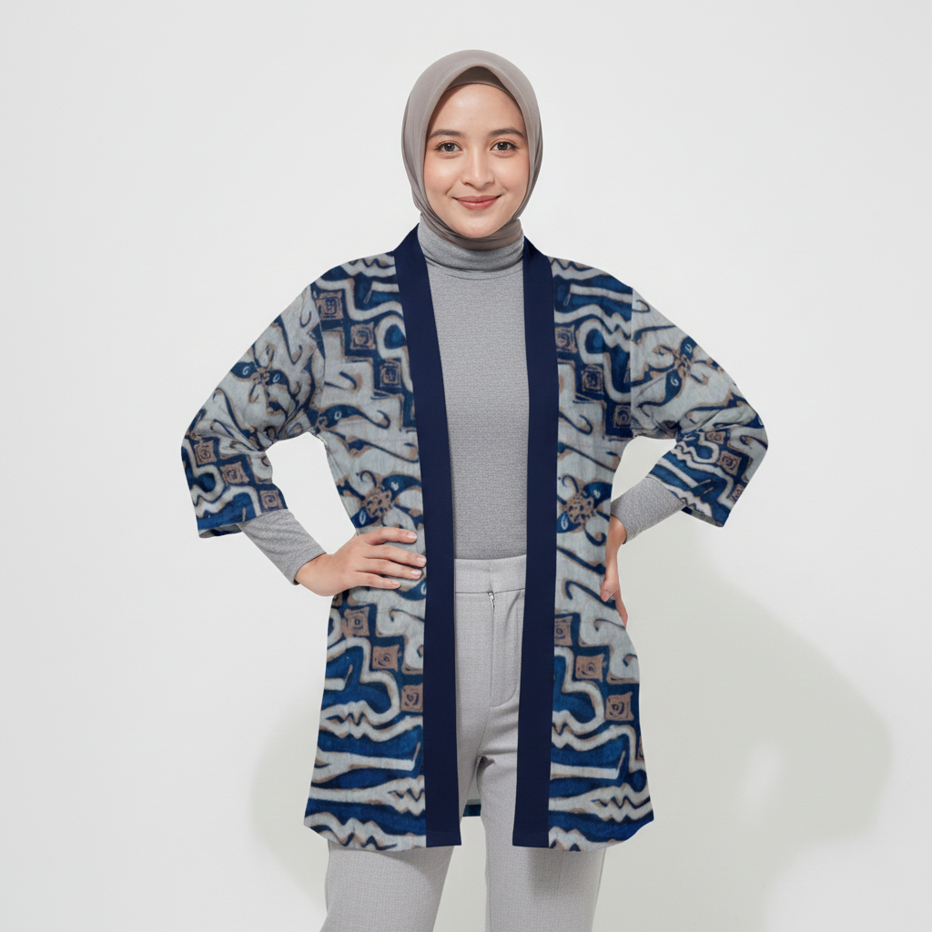 Kimono Haori Polyester Blue Abstract Batik Premium