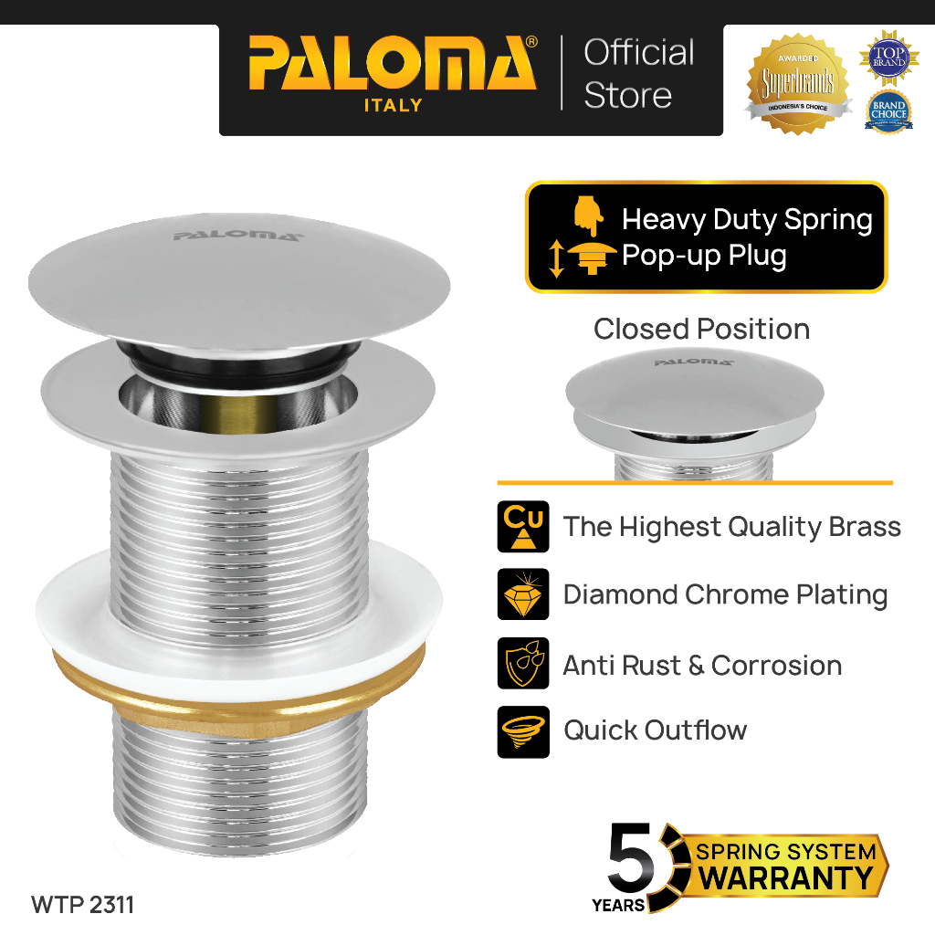 PALOMA WTP 2311 Afur Wastafel Kepala Sifon Pop Up Waste Avur Washtafel Chrome Krom Brass Kuningan