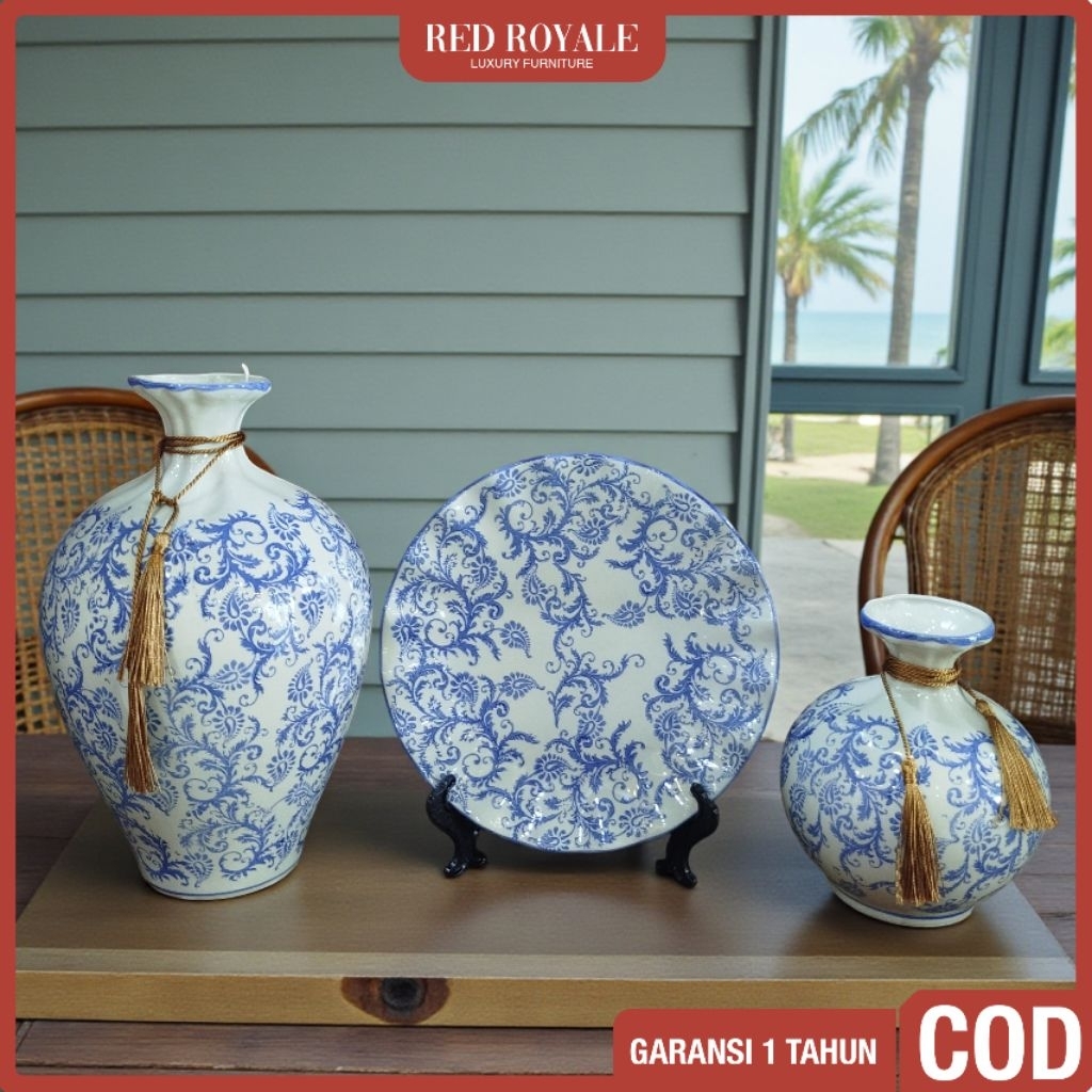 guci vas bunga set keramik dekorasi hiasan ruang tamu