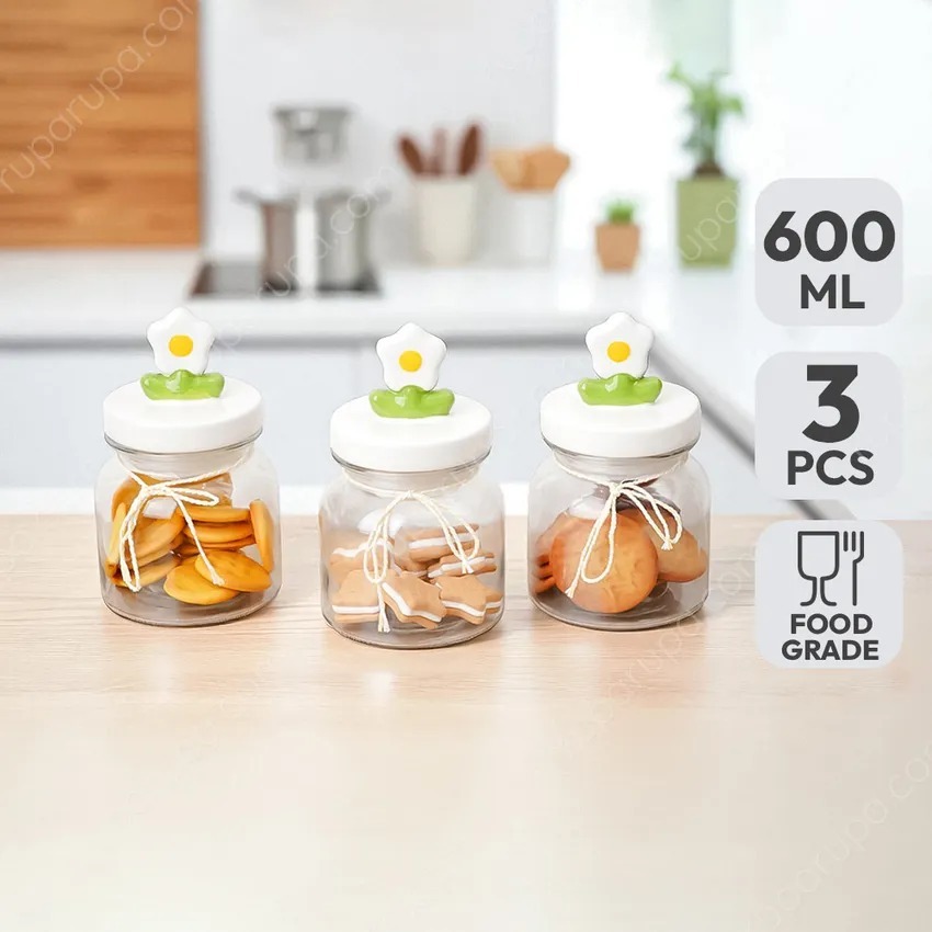 INFORMA DAISY GLASS JAR SET OF 3 600 ML // TOPLES KACA INFORMA // TOPLES CEMILAN