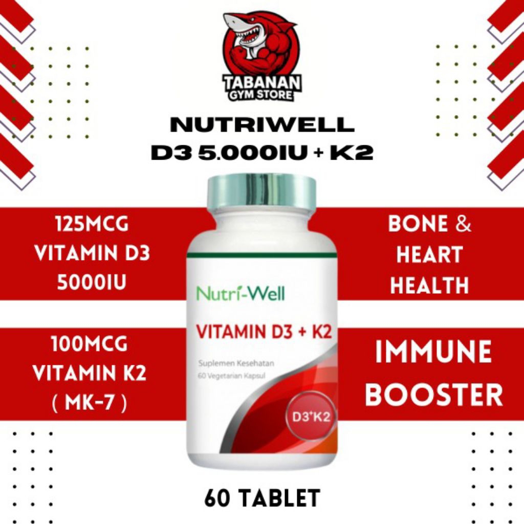 (PROMO) Nutriwell Vitamin D3 + K2 60 Kapsul - D3 5000 IU & K2 MK7 100 mcg Menjaga Kesehatan Tulang &