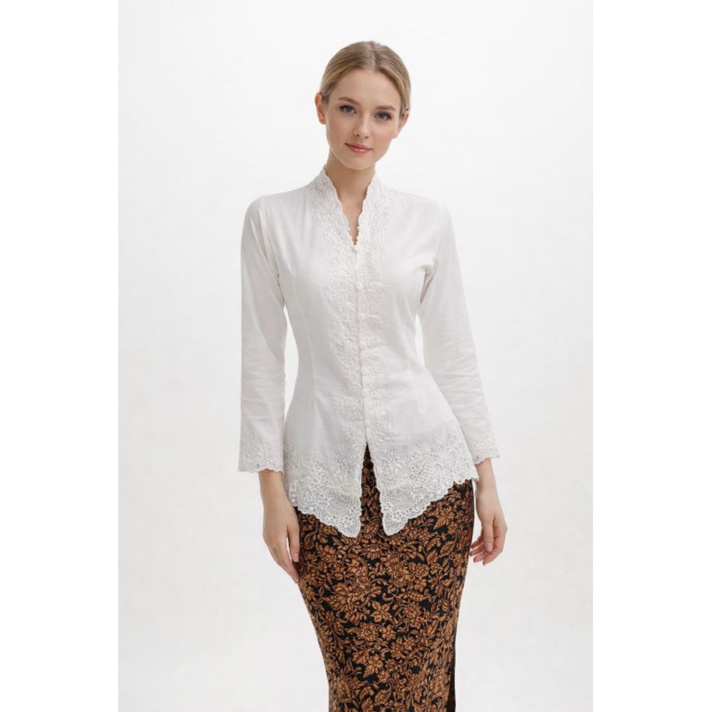 Kebaya Encim Katun Bordir Lengan Panjang Putih Tulang 683