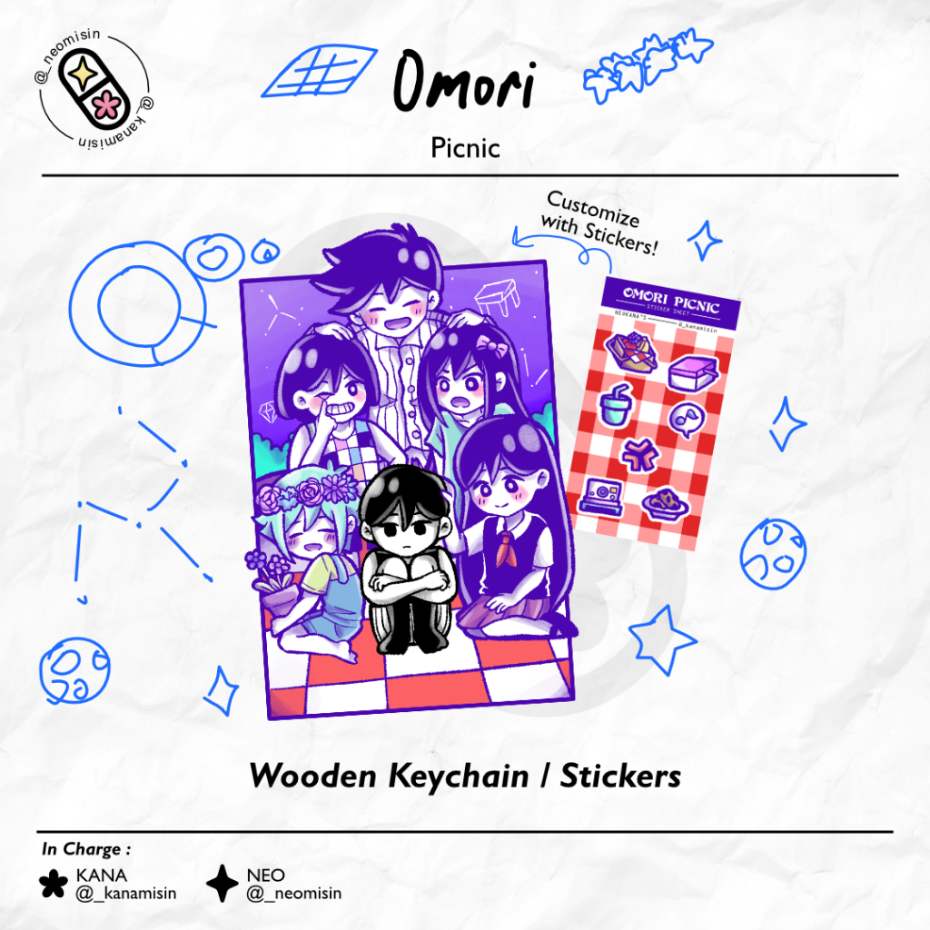 OMORI Picnic (Wooden Keychain, Button pins and Sticker) [NeoKana's]