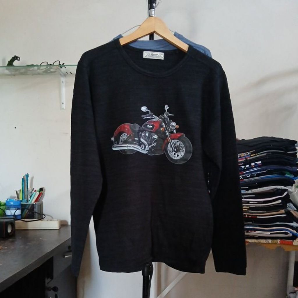 Kaos katun vintage 2009 long sleeve warna hitam motif garis halus kerah kencang ASTERR second Origin
