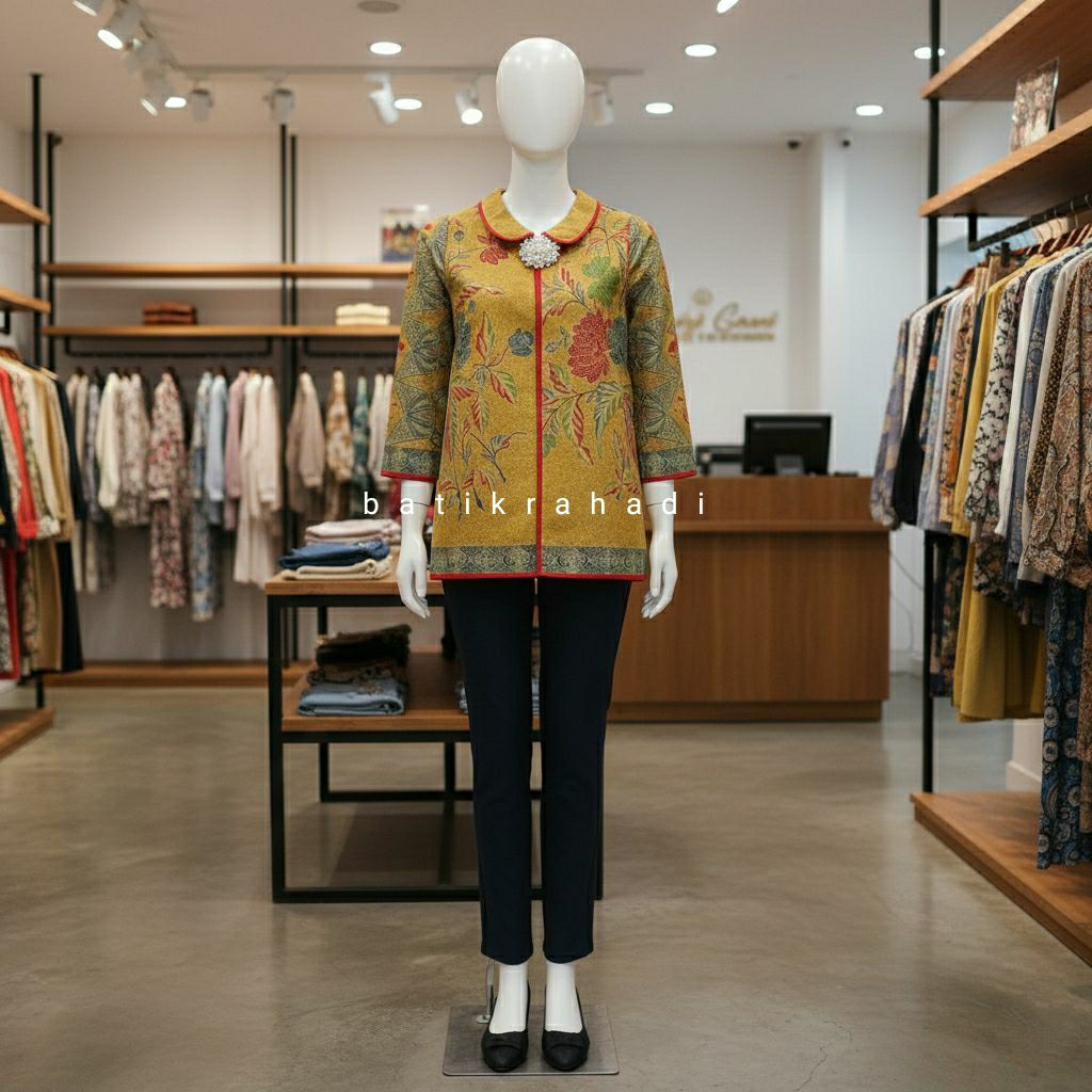 blouse batik kerja wanita resleting depan motif encim bunga warna kuning