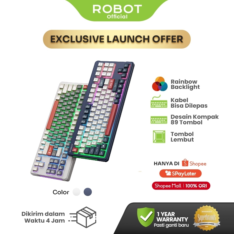 [SPECIAL LAUNCH] ROBOT Wired Keyboard Kabel Rainbow Backlight Type-C 89 Tombol Kompak Lembut Senyap 