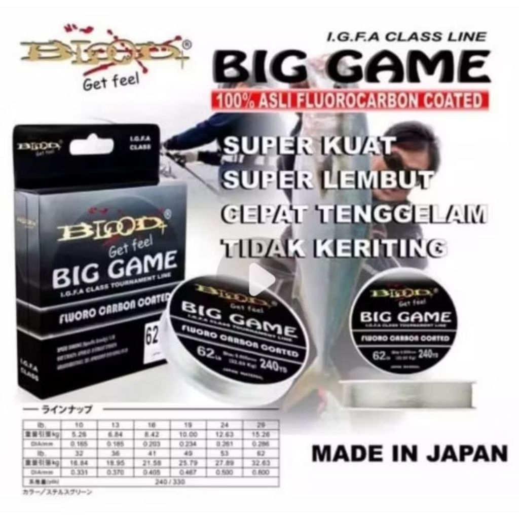 SENAR PANCING BLOOD BIG GAME FLOUR CARBON ORIGINAL tersedia ukuran 13lb sampai 62lb