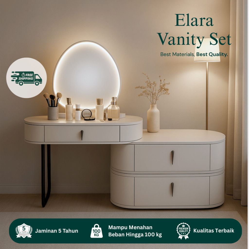 Meja Rias AGHOME Vanity ELARA Meja Rias Kaca Layar Sentuh Kursi Nyaman Furniture AMGHome Kualitas Te