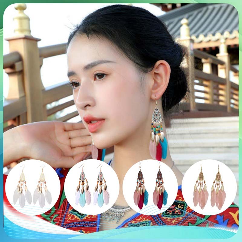 1 Pasang Giwang Bulu Anting Panjang Bulu Anting Etnik Bulu Bohemian Anting Gantung Wanita Hijab Jilb