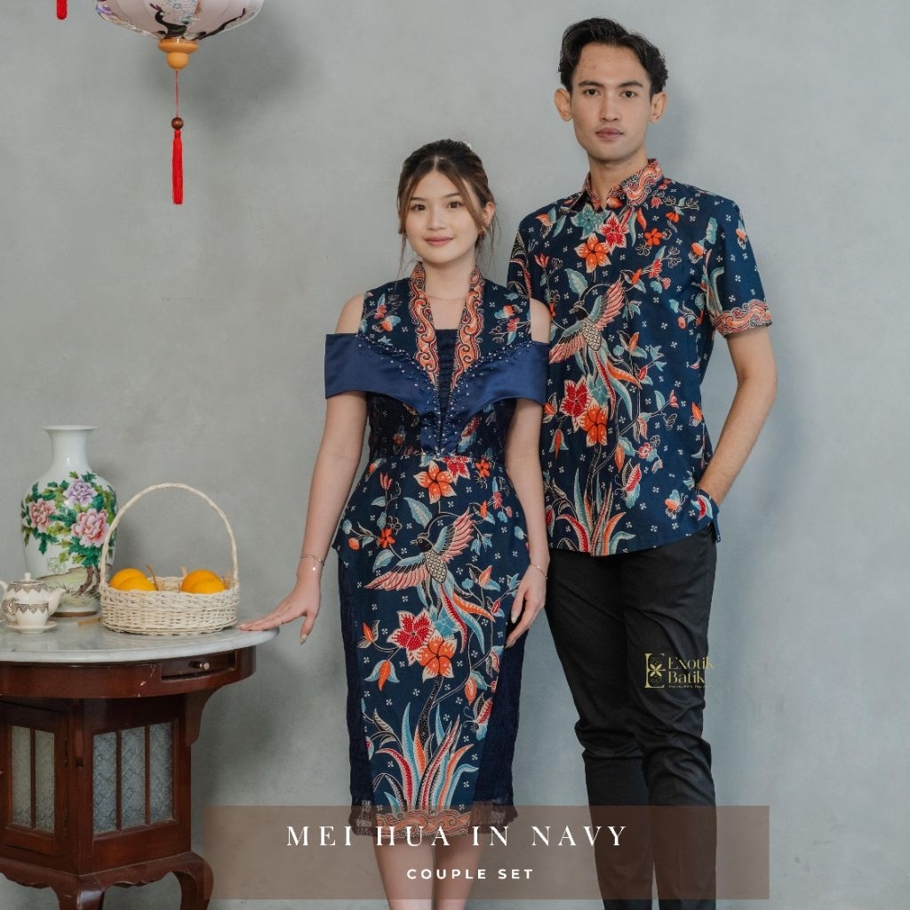 Mei Hua Navy Batik/Batik Imlek/Batik Kondangan/Batik Pesta/Batik Family Modern Couple Set