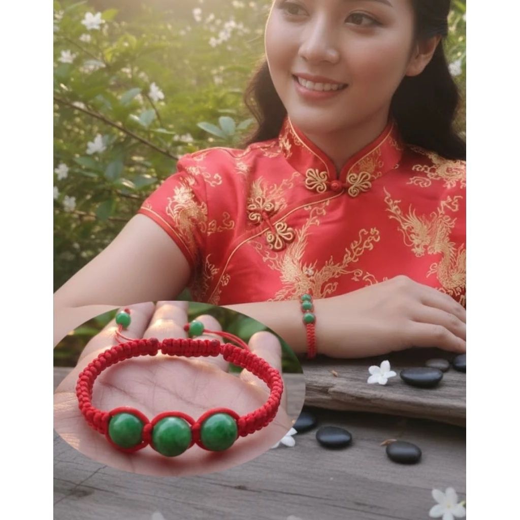 gelang macrame tali merah tiga batu giok hijau asli 10 mm