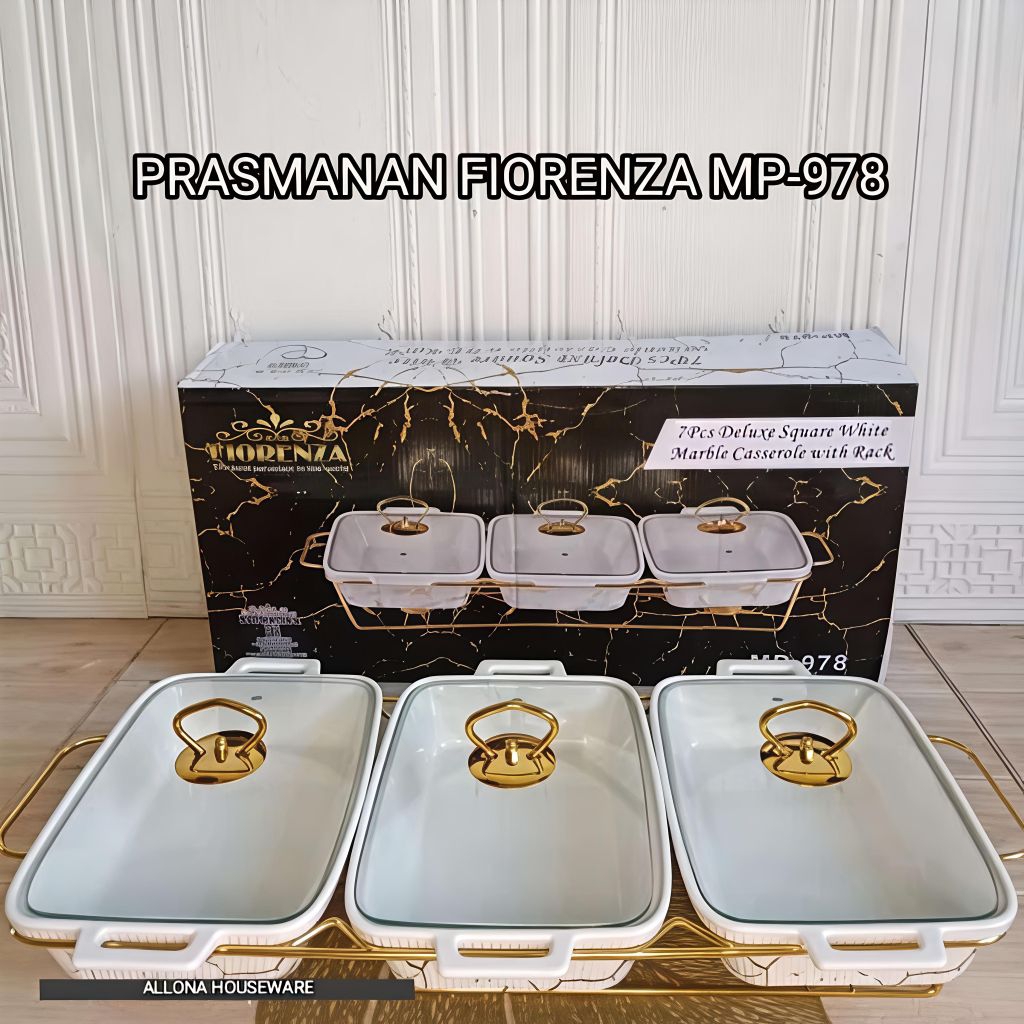 (PACKING KAYU) WADAH SAJI / PRASMANAN GANDENG 3 KERAMIK MARBLE TUTUP KACA FIORENZA 978