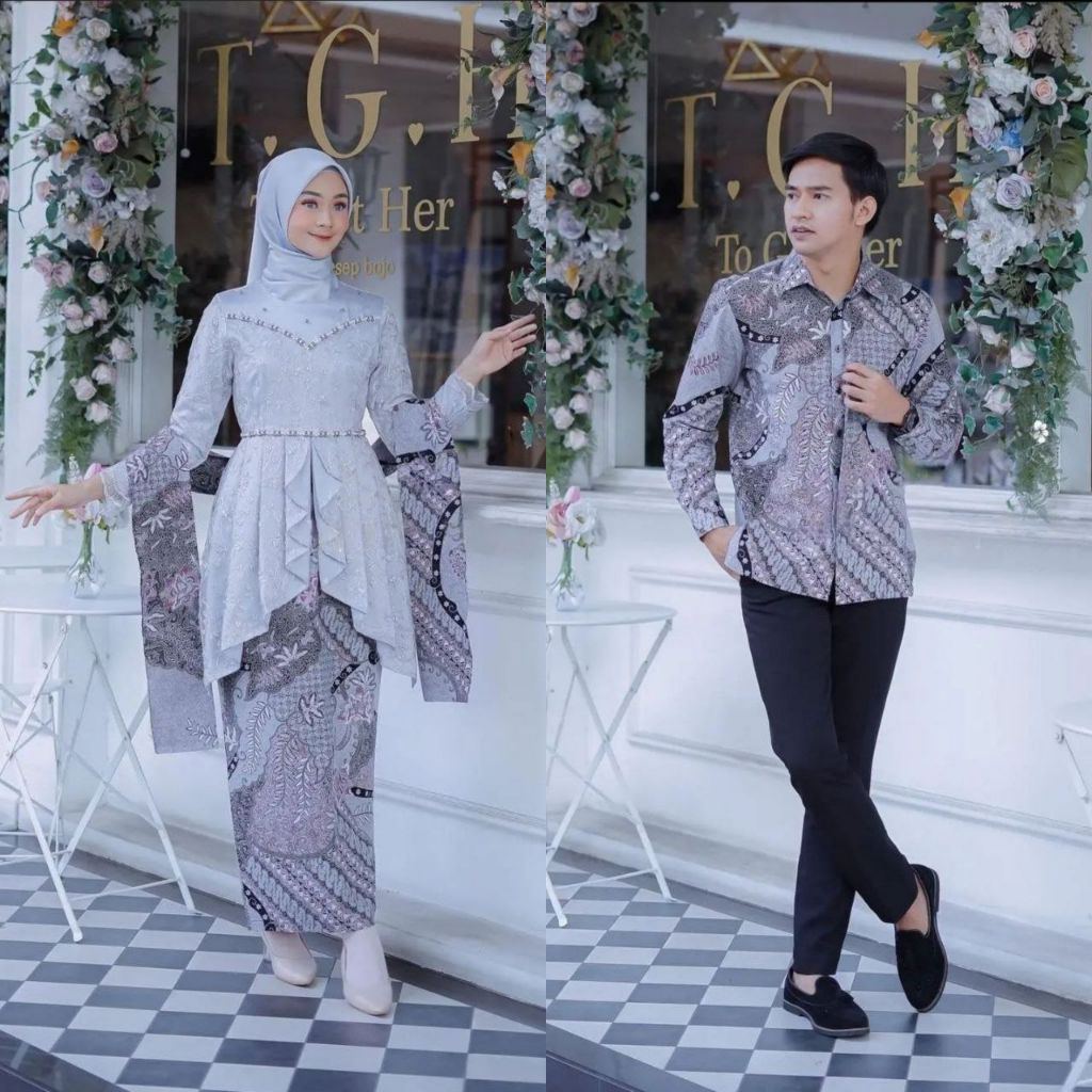 SET KEBAYA LAFFEYA SILVER ORI COUPLE KEMEJA BATIK PREMIUM CUSTOM ANAK & JUMBO / BAJU SETELAN SERAGAM