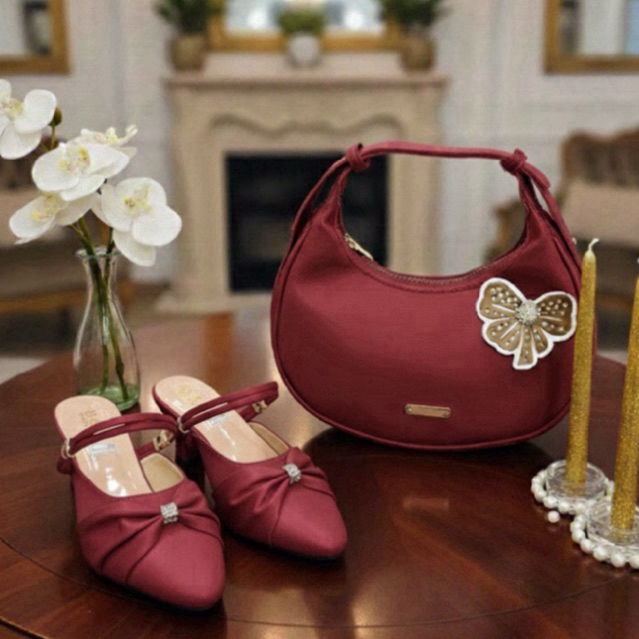Promo paket satu set sandal heels dan tas wanita moon bags