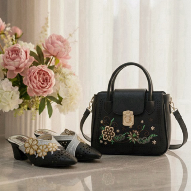 Promo satu set tas dan sandal wanita hak 5 cm motif bordiran timbul