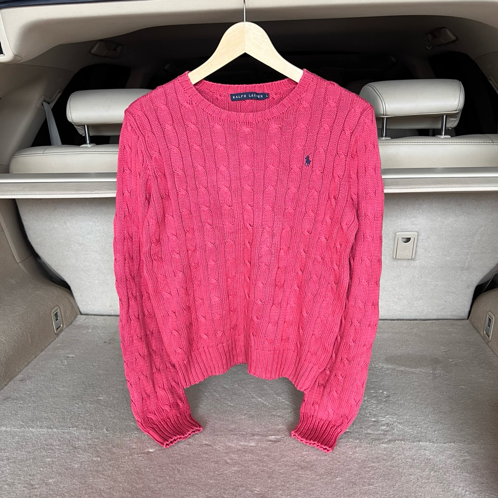 Sweater Polo Ralph Lauren Cableknit Rajut Full Kepang Red Coral