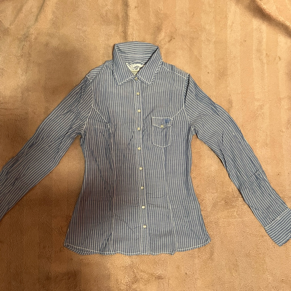 Baju pakaian wanita atasan kemeja salur garis-garis biru denim