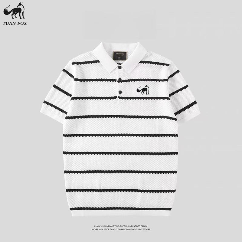Tuan Fox kaos stripe pria Hitam and Putih kaos kerah pria lengan pendek kaos kerah pria premium bord