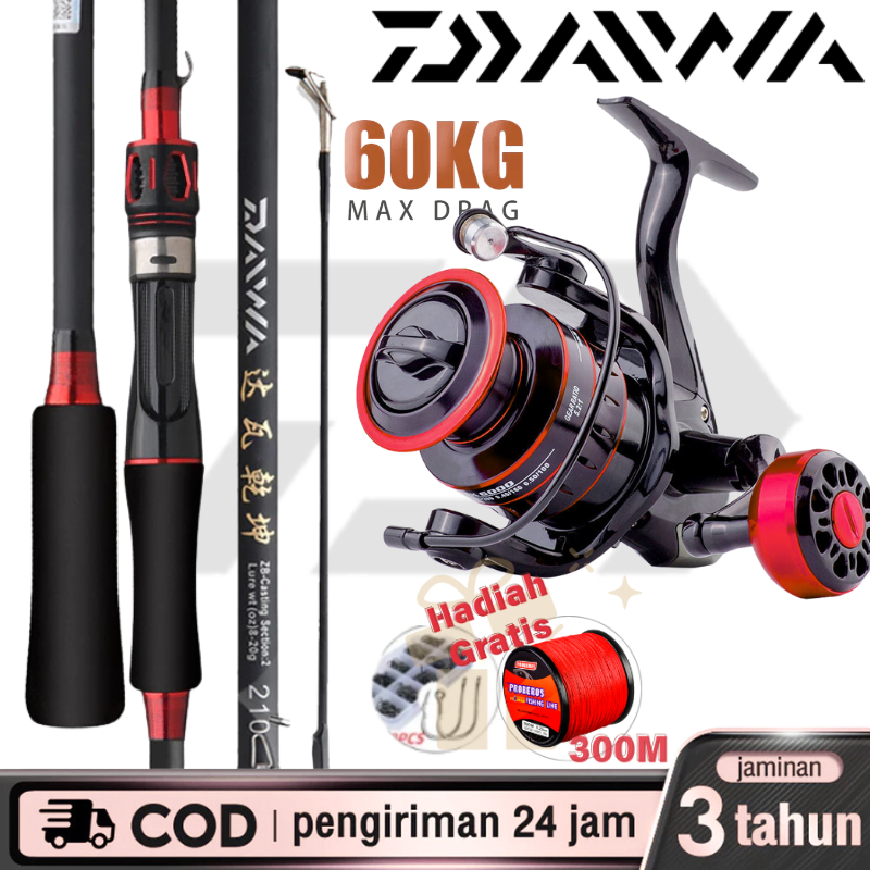 Set Alat Pancing Spot Joran Lure DAIWA Warna Merah Action M + Gulungan Pancing Logam Anti Karat Warn