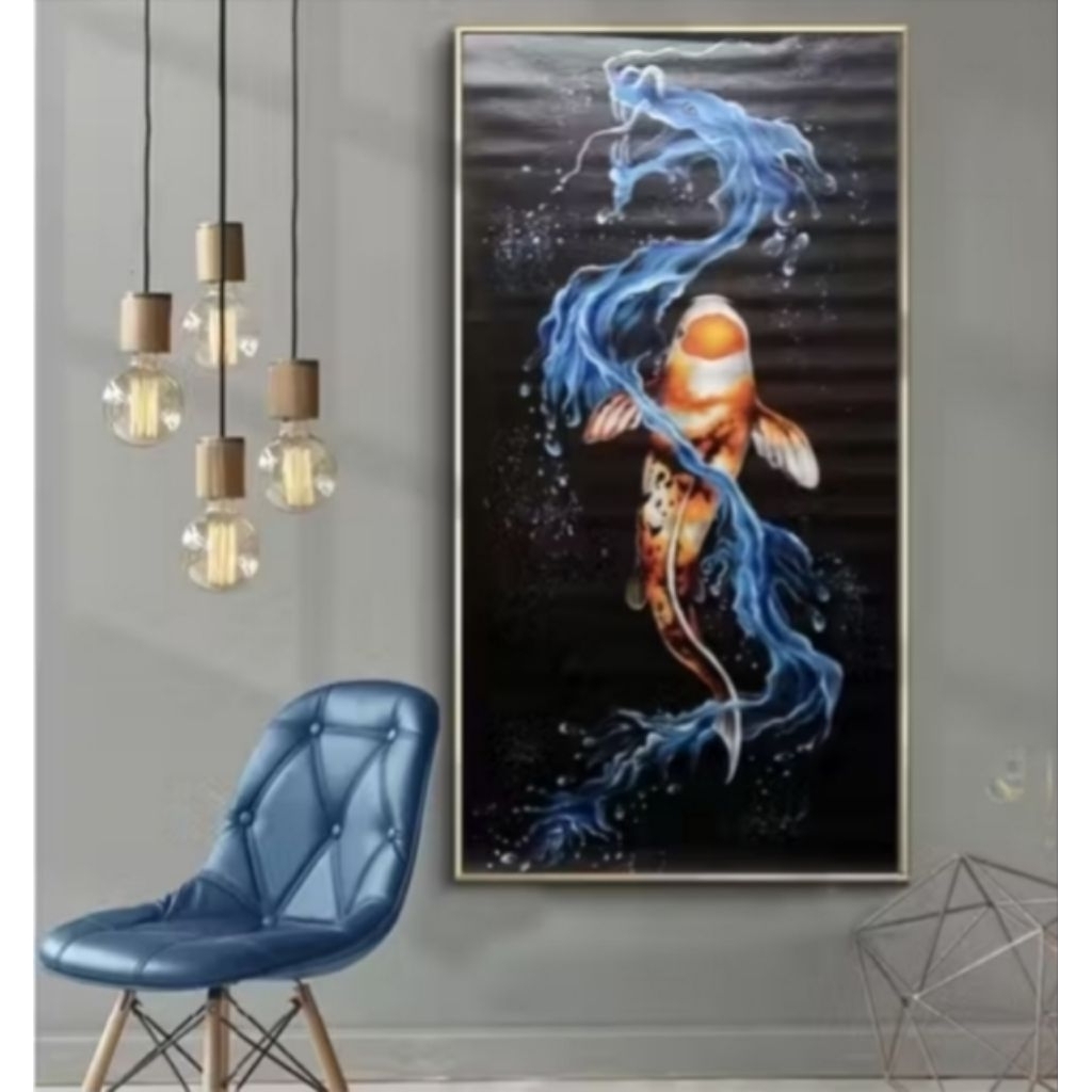 Lukisan ikan koi 9 naga | hiasan dingding aesthetic pembawa hoki | dokorasi ruangan
