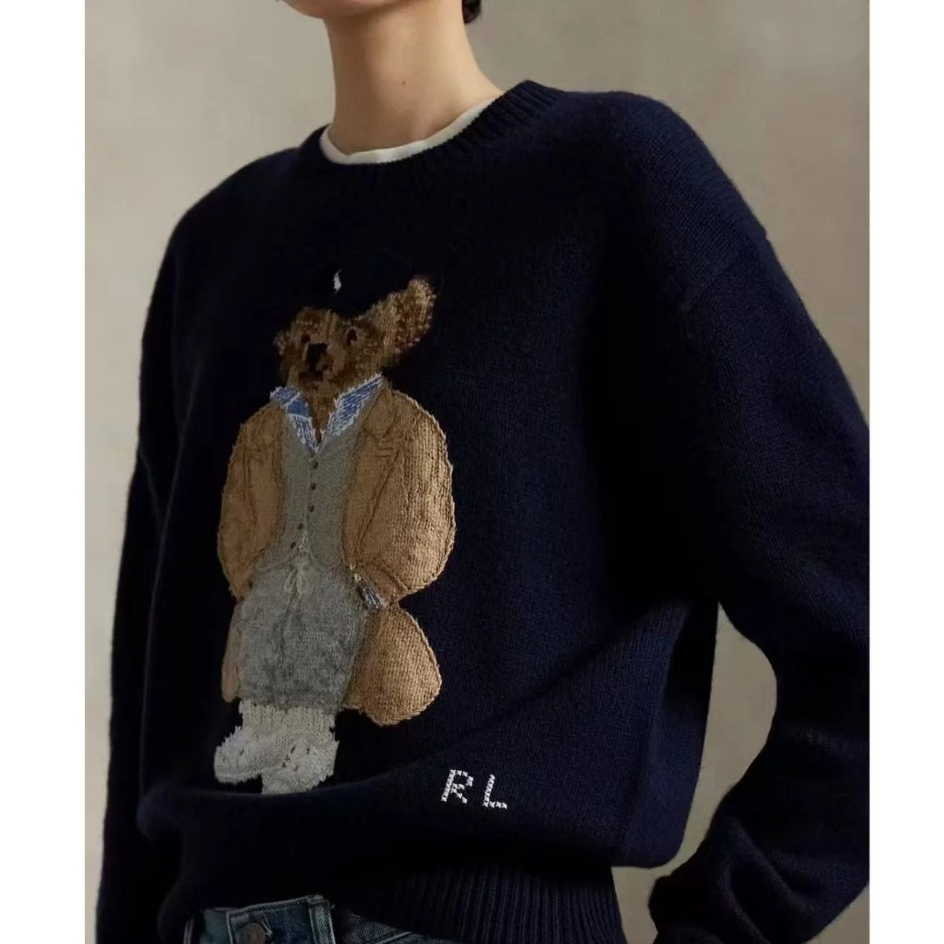 ori~RL/POLO Sweater Rajut Leher Bulat dengan Saku dan Motif Beruang Anyaman Baru