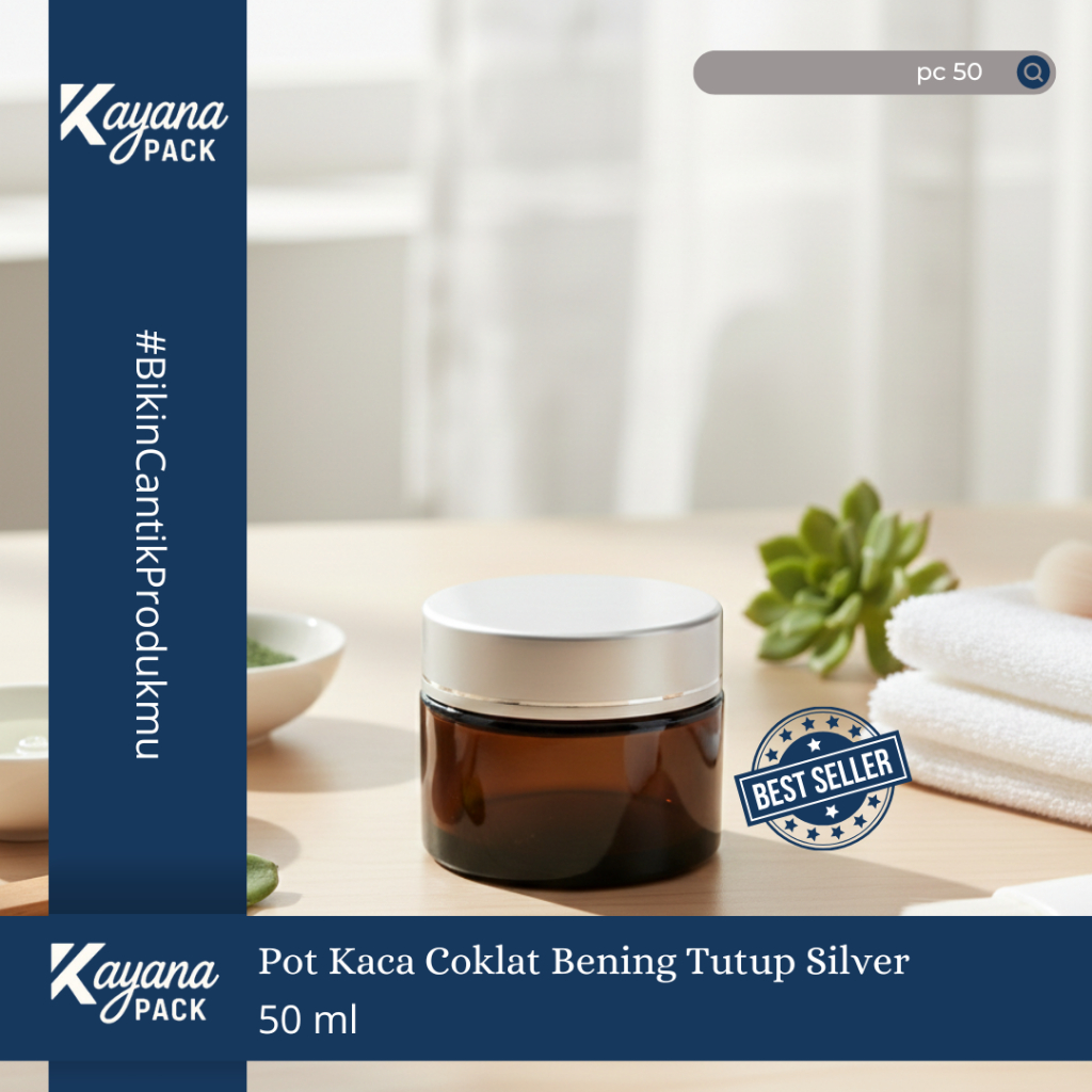 BOTOL POT JAR CREAM KRIM KACA COKLAT BENING 50GR TUTUP SILVER / POT KACA COKLAT 50 GR (PC50)