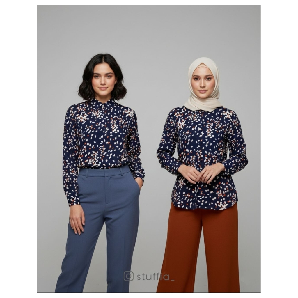 Kemeja Blouse Wanita Motif Diamond Navy Preloved