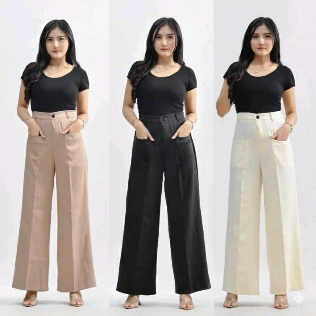 Celana Panjang Kulot Wanita Highwaist Loos Pants Ruby Pants Variasi Saku Depan Pinggang Karet Standa