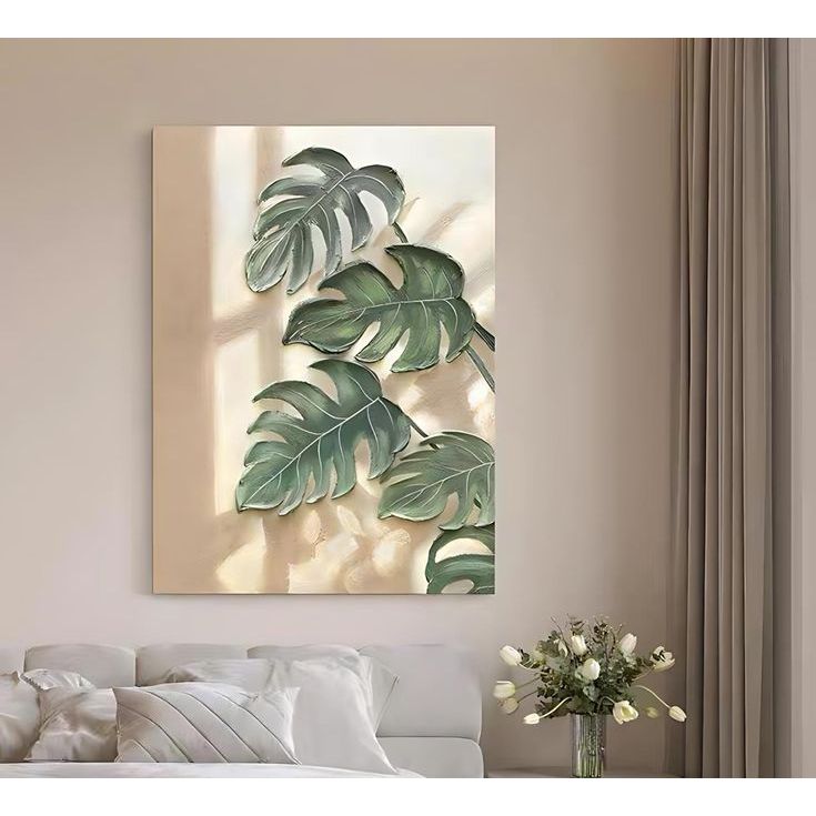 LUKISAN DAUN HIJAU TIMBUL AESTETIC - LUKISAN KANVAS SIAP PAJANG