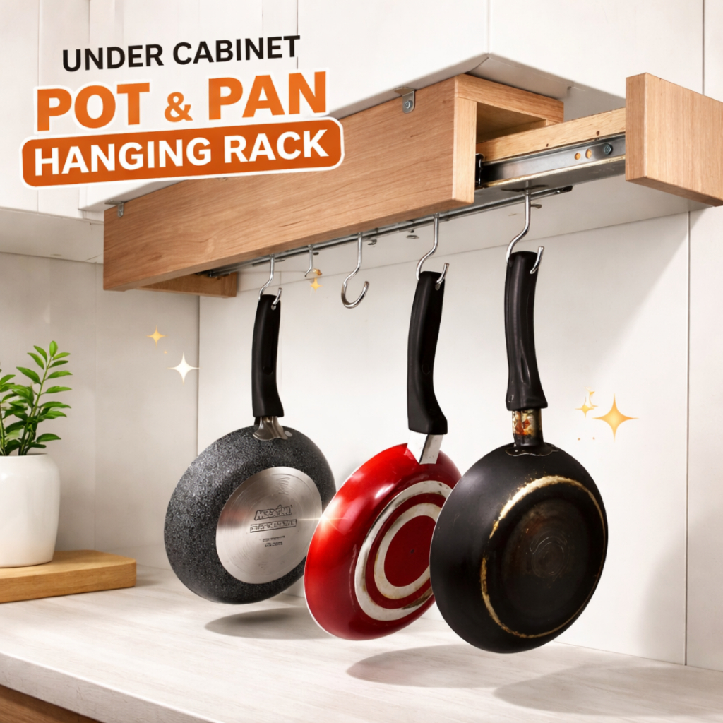 Rel Panci Gantung Tempat Gantungan Kolong Lemari Dapur Rell Tarik Dorong – Organizer Dapur