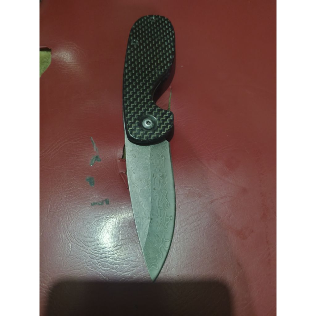 folding knife damascus VG10 carbon fiber handle, pisau lipat EDC damaskus gagang karbon composit