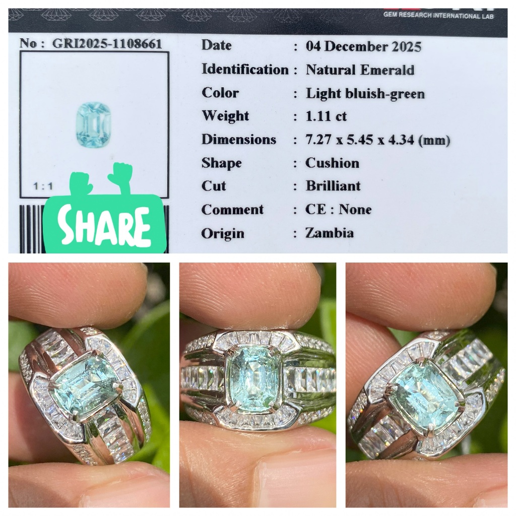Natural 1.11ct bluish green emerald zambia none oil