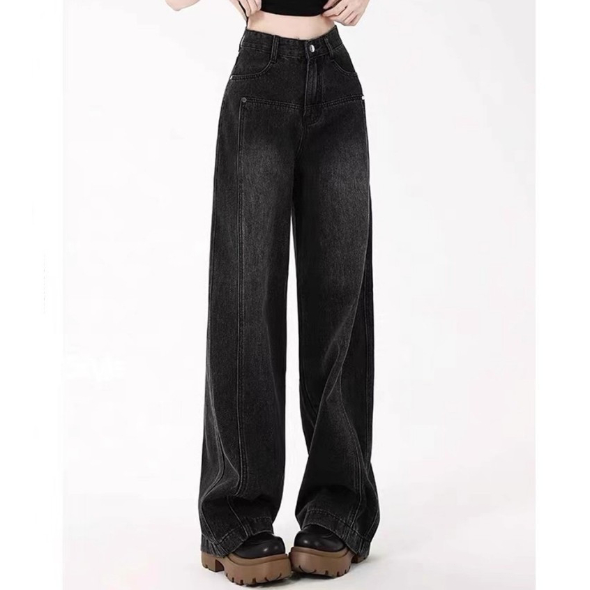 Adorela - Jeans 8864 hitam Lurus Korea Celana Jeans Wanita Highwaist