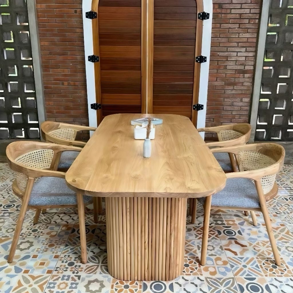 DINNING SET MINIMALIS TOP TABLE TEBAL 3cm MEJA SALUR (150x80cm) KOMBINASI 4 KURSI MAKAN CAFE OUTDOOR