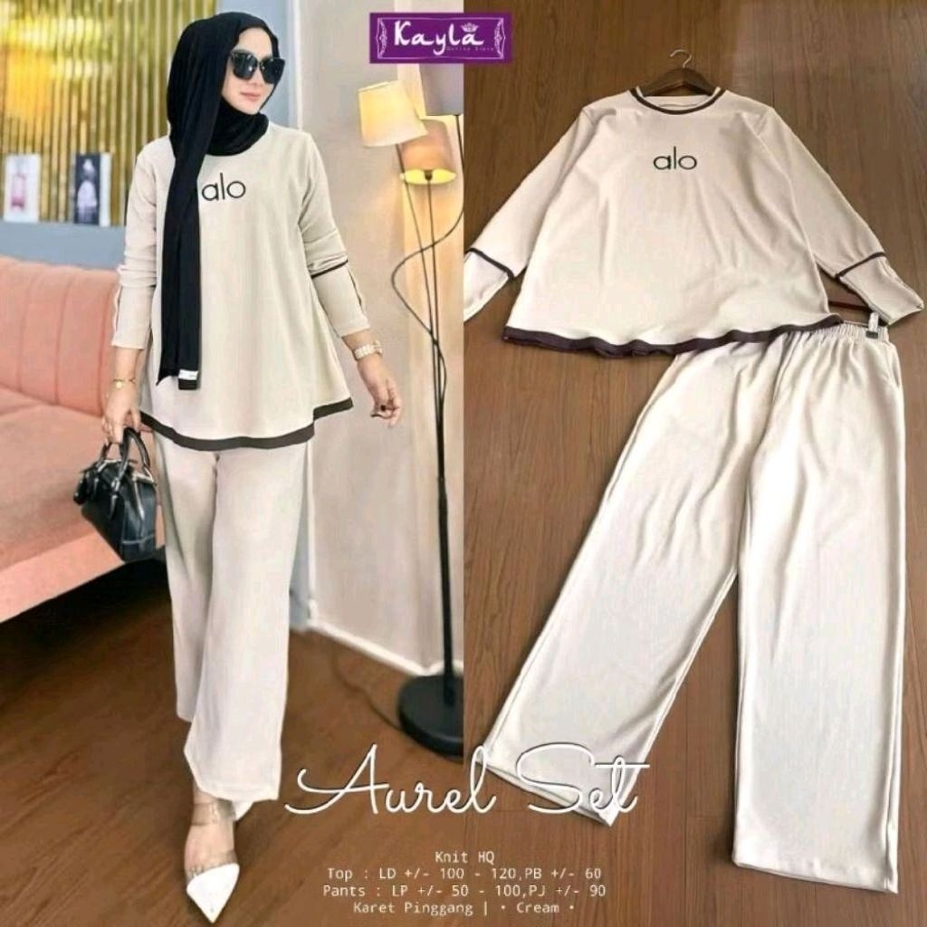 Kayla Aurel Set Baju Wanita Muslimah Top LD 100 Karet Pinggang Cream