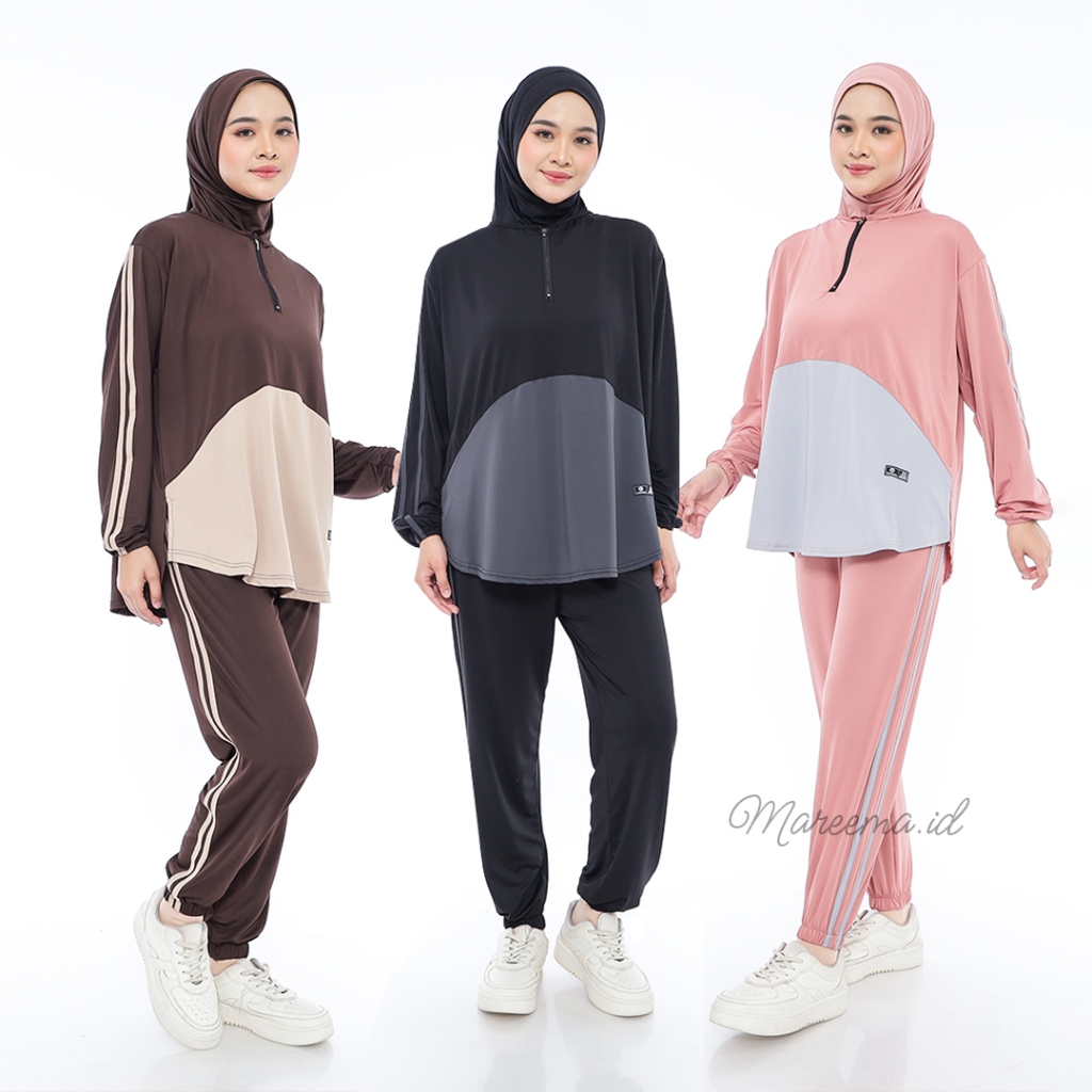 Setelan Olahraga Wanita Plus Hijab Muslim Terbaru Baju Sport Senam Lari Zumba Bersepeda Renang