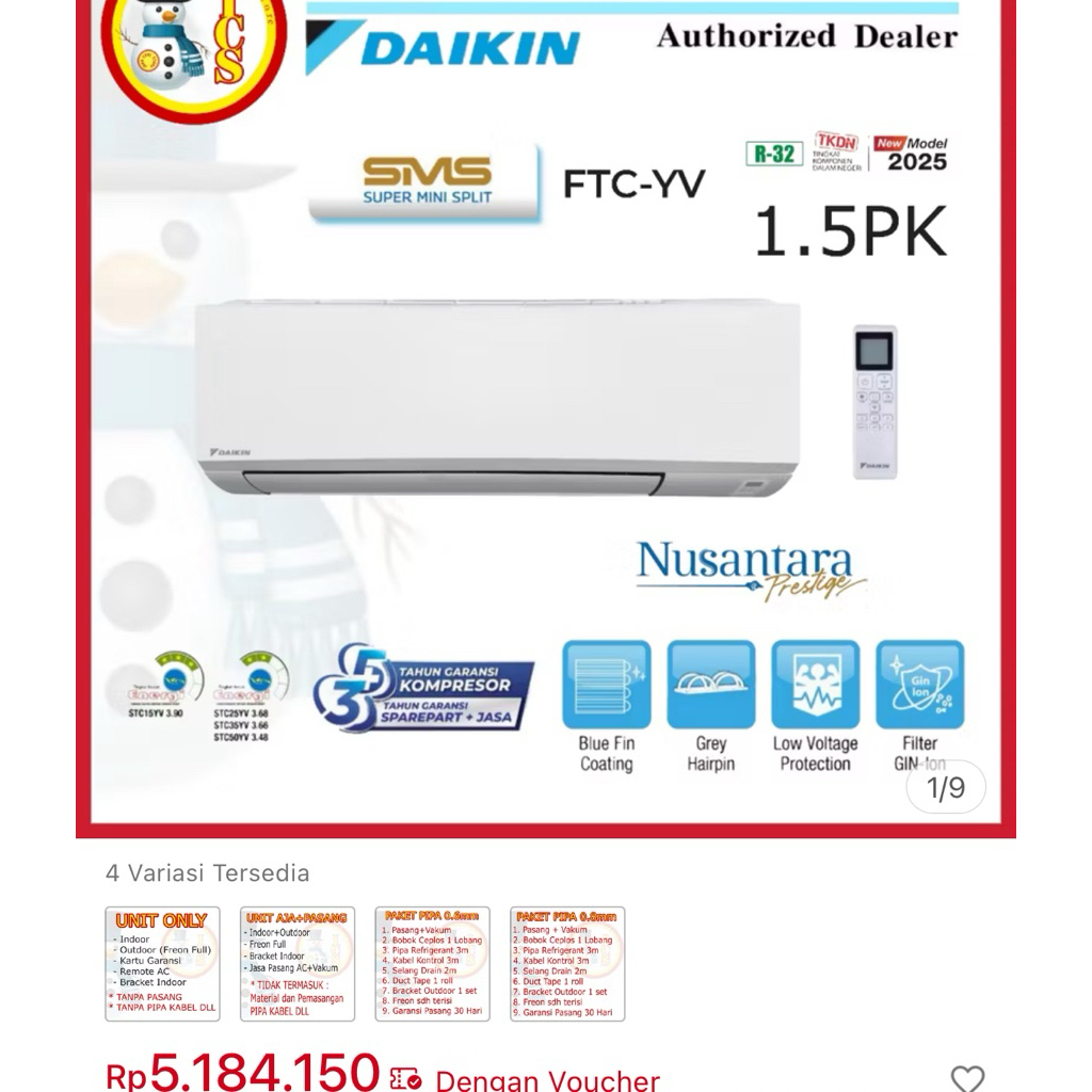 AC DAIKIN 1.5PK BEKASSSS INDOOR OUTDOOR