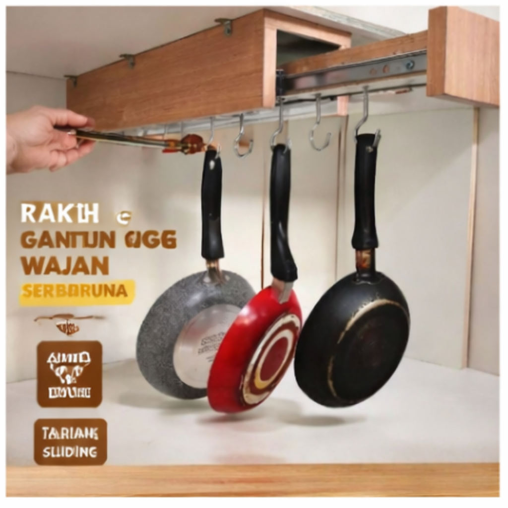 Rak Panci Rel Kolong Dapur Tempat Gantungan Wajan Rell Tarik Dorong Tanpa Bor – Mudah Pasang