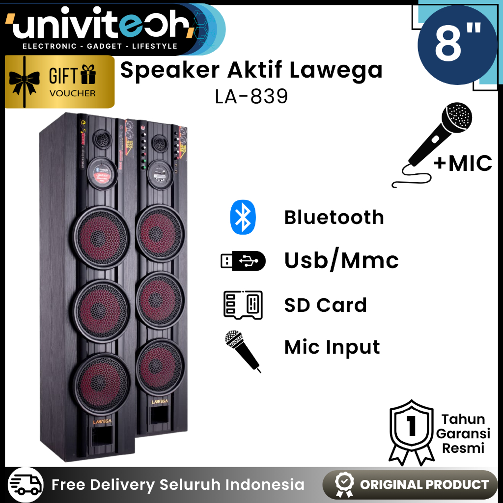 Lawega Speaker Aktif Bluetooth LA 839 8inch 6 Subwoofer Superbass 98dB 3Band Tone Speaker Karaoke
