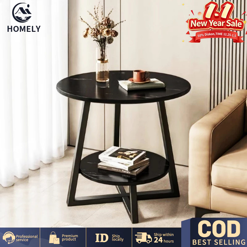 COD Meja Ruang Tamu Marmer Meja Bulat 2 Susun Meja Kopi Minimalis Tamu Meja Pojok Bunga Cantik Dan E