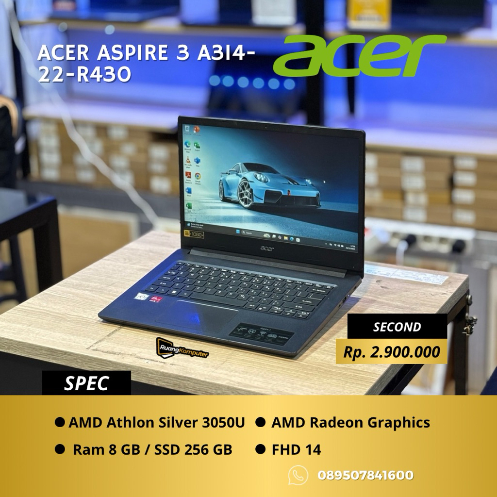 Laptop ACER ASPIRE 3 A314-22-R430 Athlon Silver 3050U RAM 8GB SSD 256GB FHD 14 Inch Second Bergarans