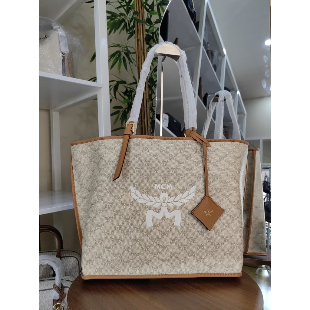 MCM Large Himmel Shopper Bag Beige Oatmel