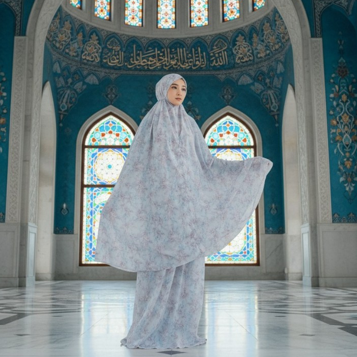 Sayshe Mukena Royal Parasut Korea Premium Laser Cut Soft Blue Series Aira – Mukena Traveling Ringan,