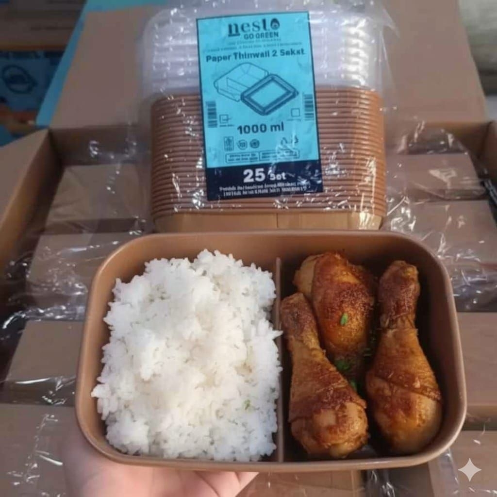 PAPER THINWALL SEKAT 2 1000 ML - ISI 25 SET + TUTUP KRAFT / LUNCH BOX SEKAT 2