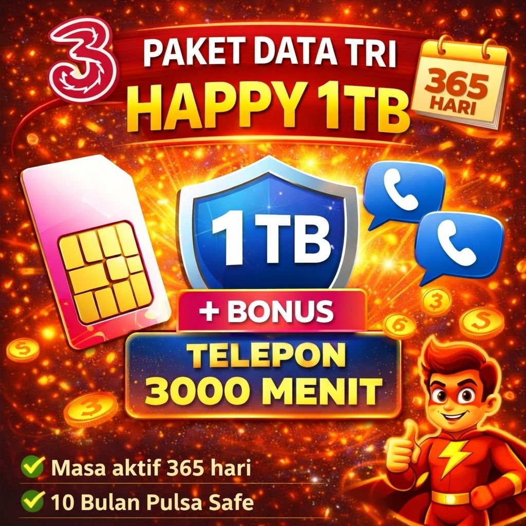 PAKET DATA TRI HAPPY 1TB 1TAHUN (1024GB 365HARI) + FREE NELPON 3000 MENIT