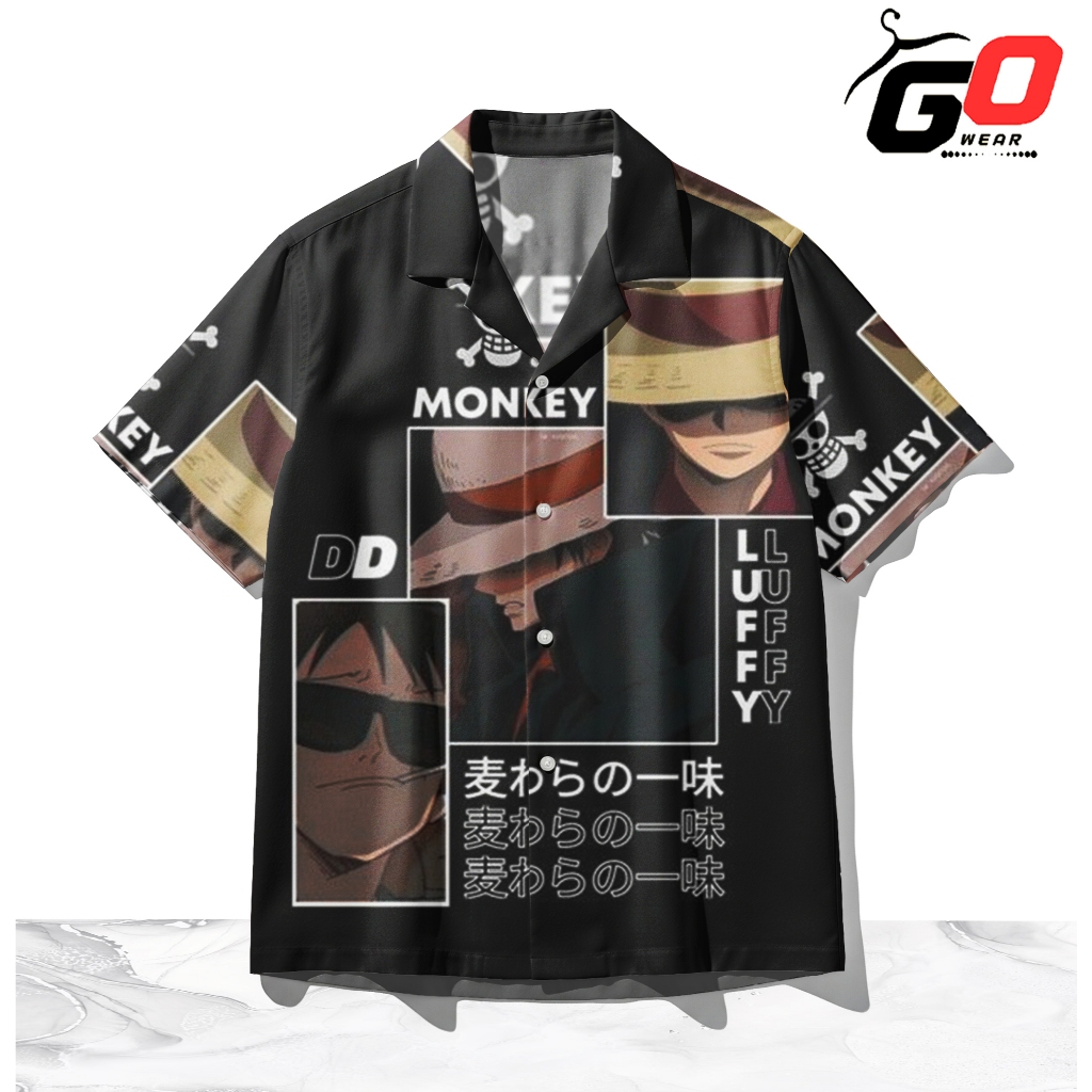 GOWEAR Kemeja Full Print One Piece Monkey D. Luffy Black Edition – Kemeja Unisex Casual Anime One Pi