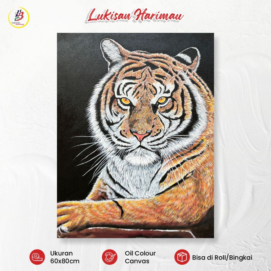 Lukisan Bandung Harimau Realis 60x80cm Kanvas Dekorasi Dinding Ruang Tamu Modern