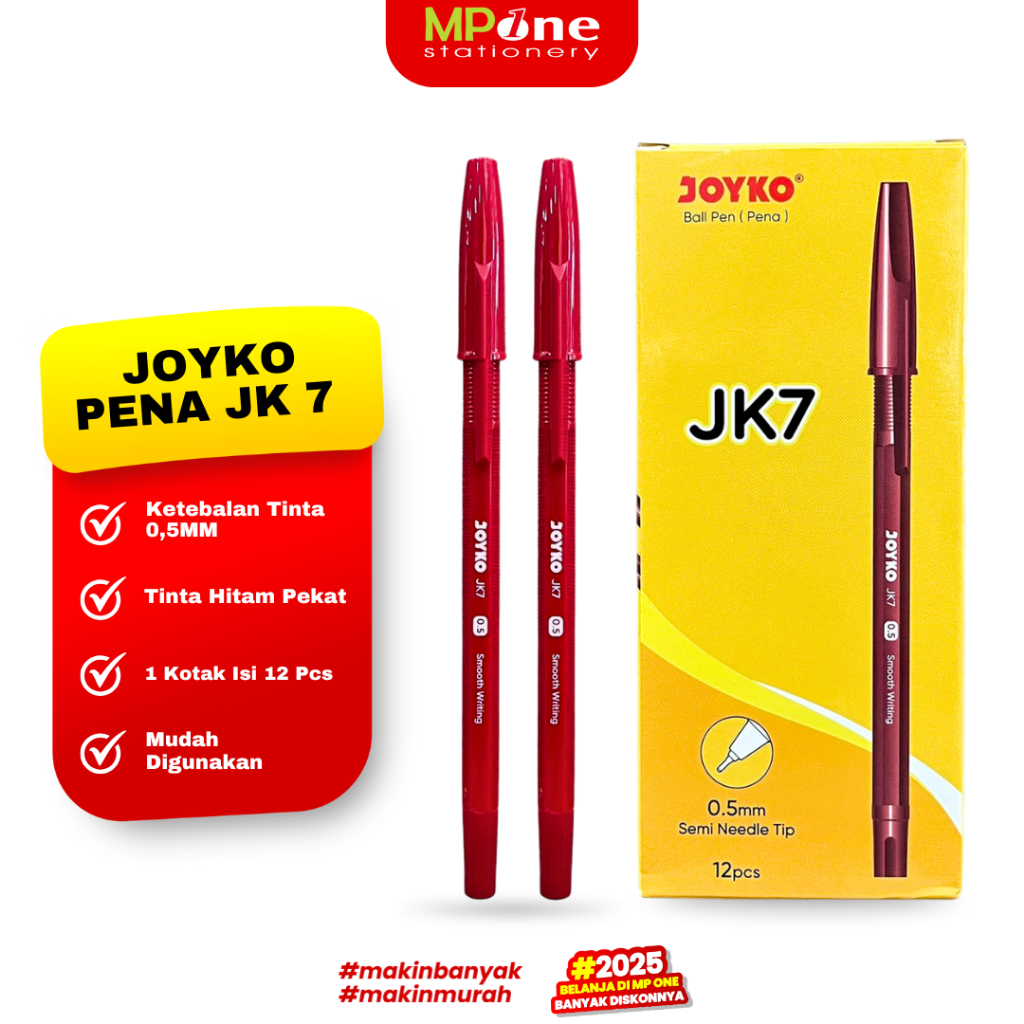 1(KOTAK) Joyko Pena Tinta Merah 0,5mm JK7 / Pulpen Murah Tinta Merah Isi @12pcs JOYKO